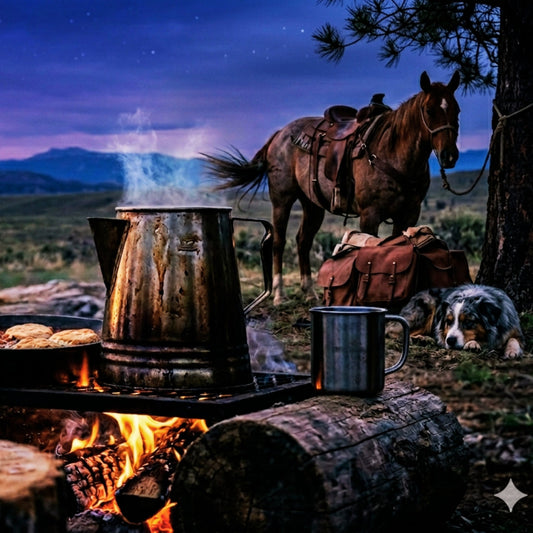 A cinematic outdoor scene featuring a vintage metal coffee pot simmering over a campfire at twilight, with a horse and ranch dog resting in the background of a vast mountain landscape.